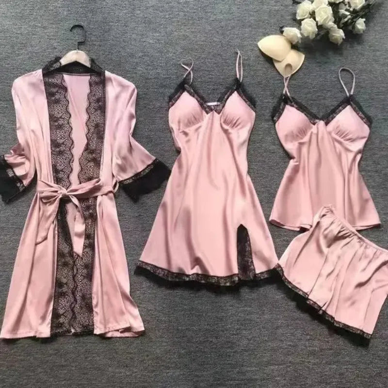 Women’s 4PCS Lace Sleepwear Set – Nightdress & Robe Elegant Pajamas