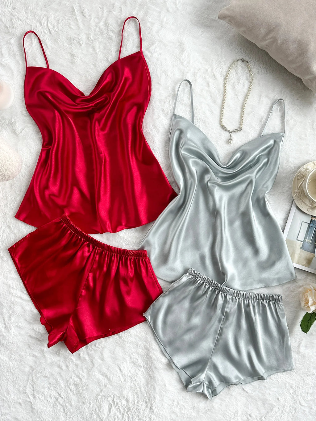 Sexy Satin Pajamas Set for Women – 4PCS Soft Summer Nightwear