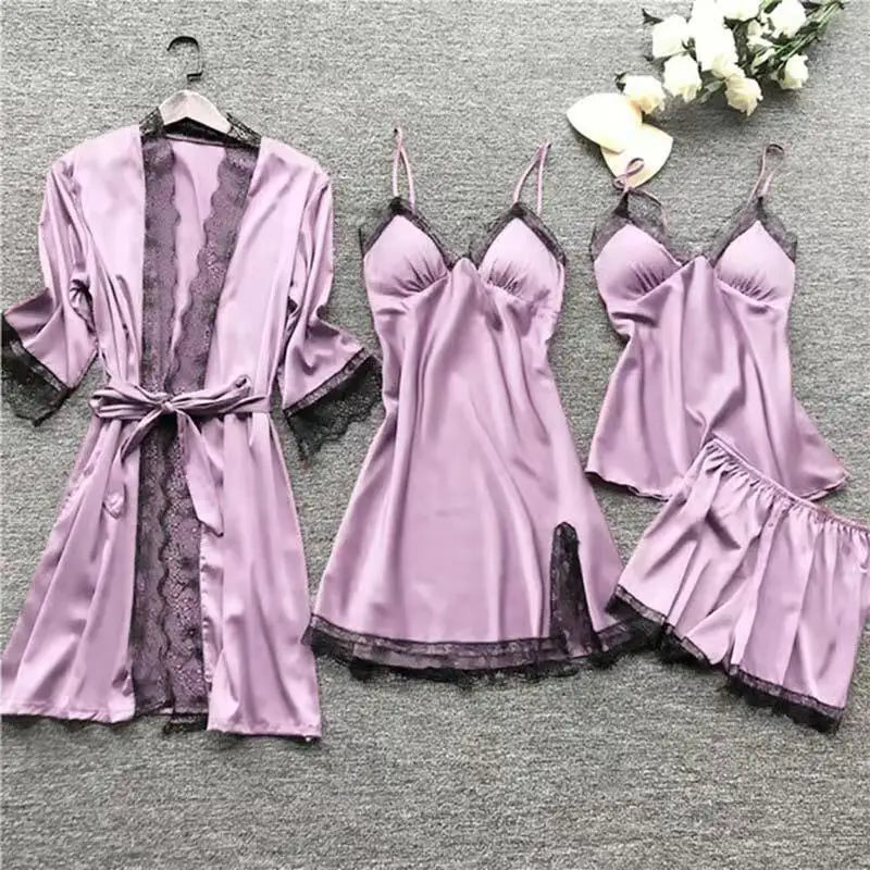 Women’s 4PCS Lace Sleepwear Set – Nightdress & Robe Elegant Pajamas