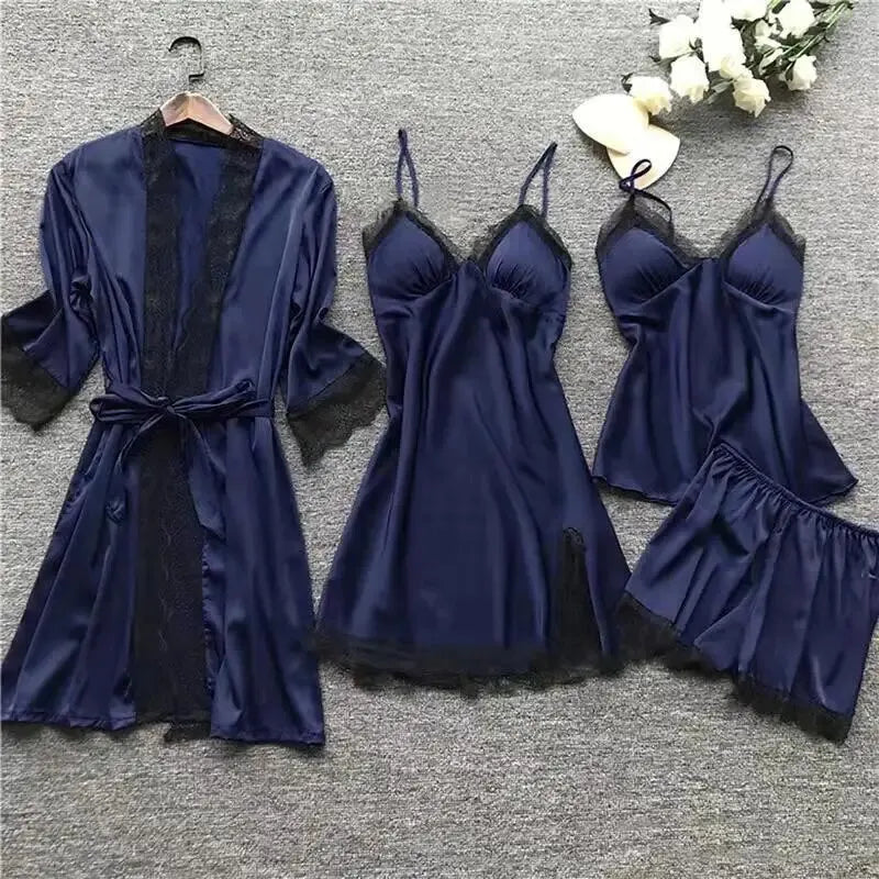 Women’s 4PCS Lace Sleepwear Set – Nightdress & Robe Elegant Pajamas