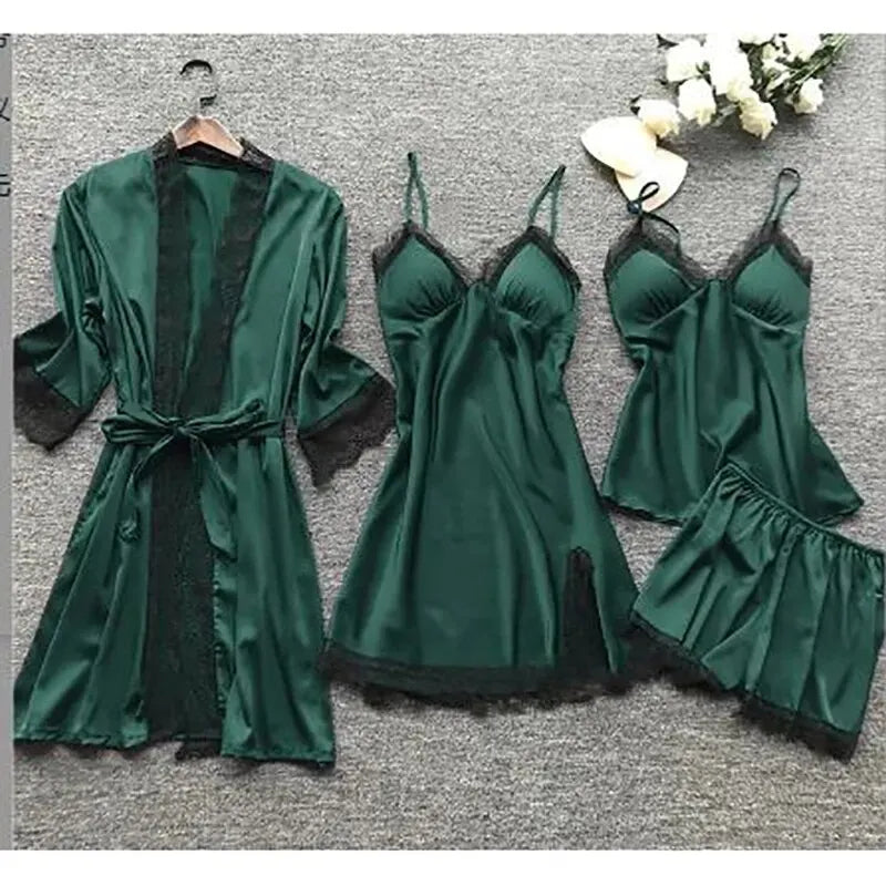 Women’s 4PCS Lace Sleepwear Set – Nightdress & Robe Elegant Pajamas