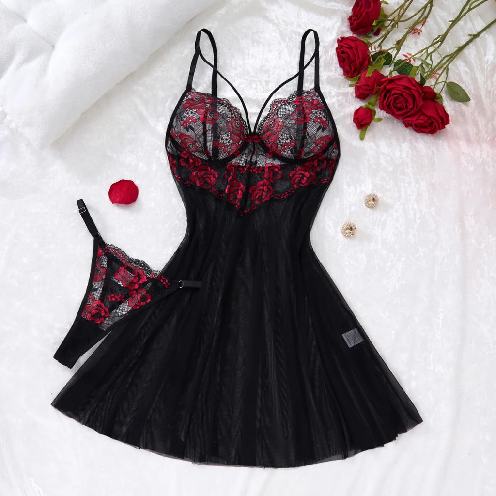 Sexy Strapless Lace Nightgown – Sheer Floral Elegant Lingerie for Women