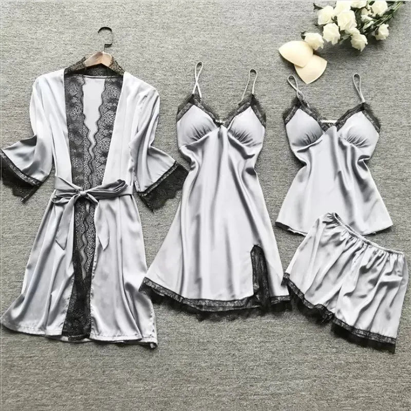 Women’s 4PCS Lace Sleepwear Set – Nightdress & Robe Elegant Pajamas