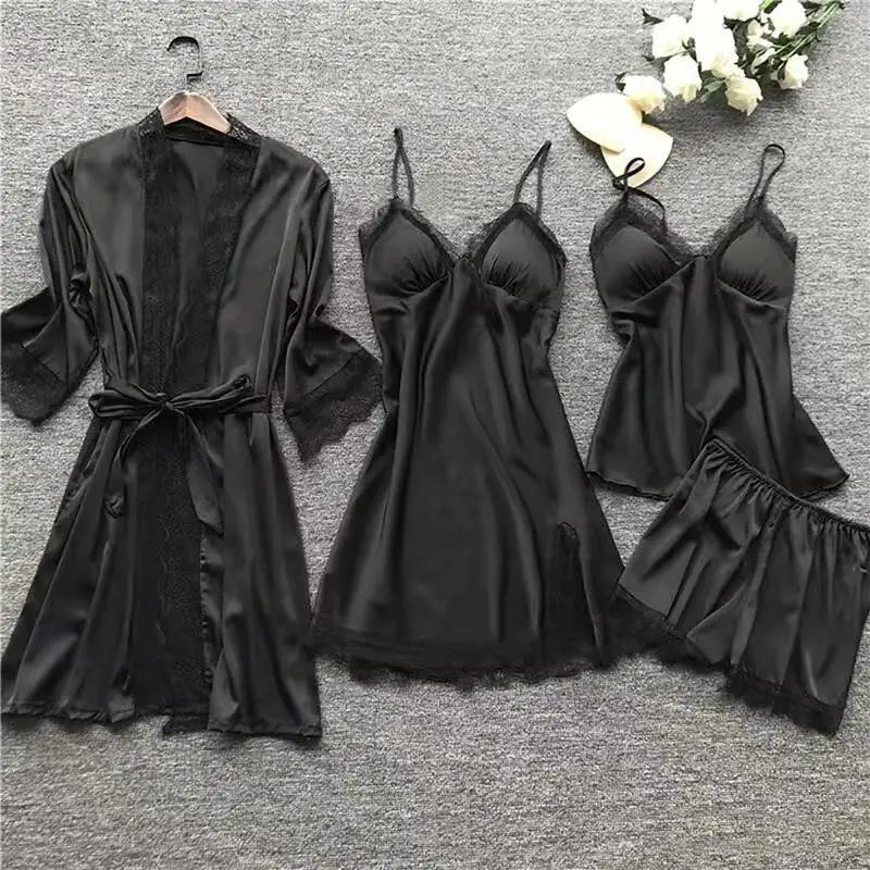 Women’s 4PCS Lace Sleepwear Set – Nightdress & Robe Elegant Pajamas