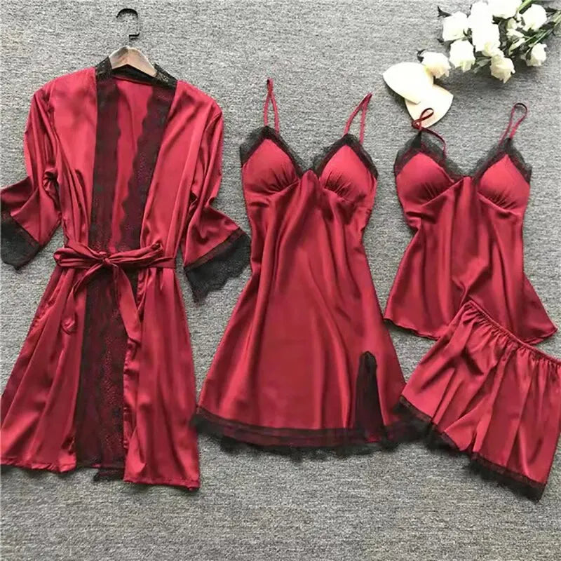Women’s 4PCS Lace Sleepwear Set – Nightdress & Robe Elegant Pajamas